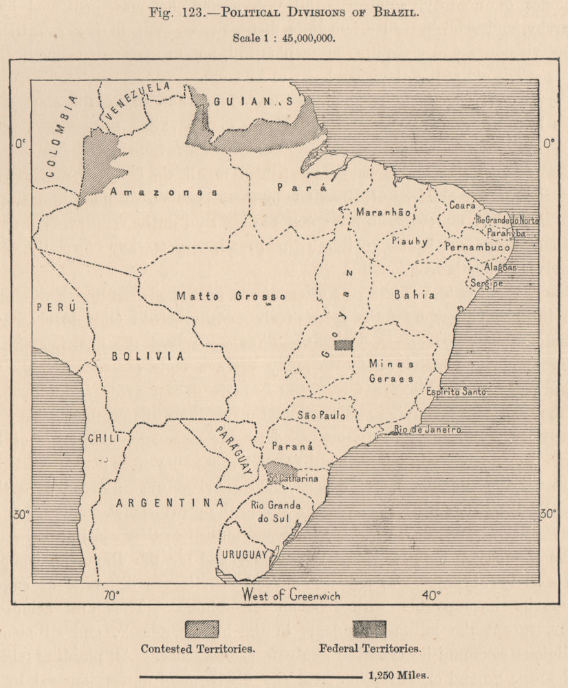 Political divisions of Brazil 1885 old antique vintage map plan chart